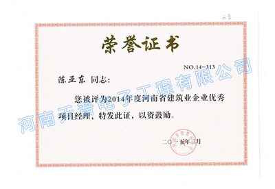2014年省级优秀项目经理（陈亚东）